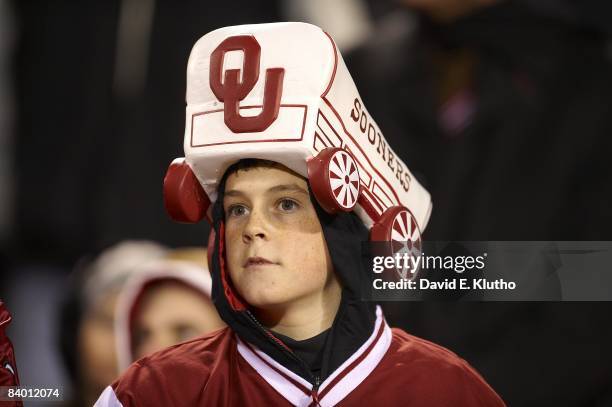 Big 12 Championship: Oklahoma fan wearing Boomer Sooner Schooner on head during game vs Missouri. Goofy. Kansas City, MO 12/6/2008 CREDIT: David E....