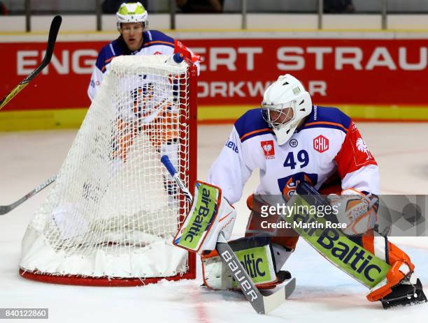 Dominik Hrachovina, goaltender of Tampere tends net against the Grizzlys Wolfsburg during the Champions Hockey League match between Grizzlys...