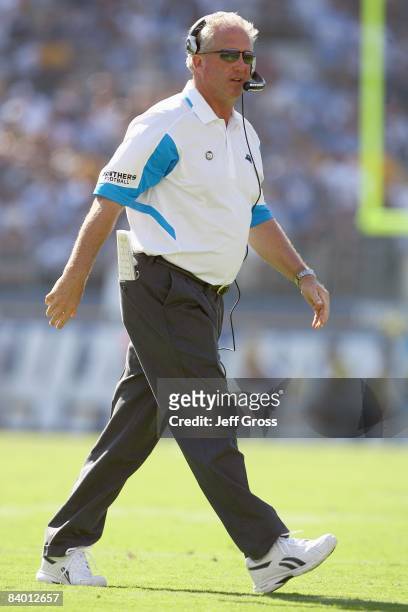 Head coach John Fox the Carolina Panthers walks off the field during the game against the San Diego Chargers at Qualcomm Stadium on September 7, 2008...