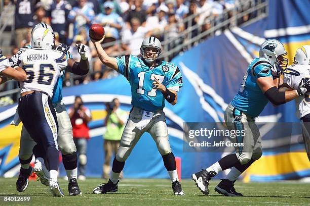 Quarterback Jake Delhomme of the Carolina Panthers passes the ball during the game against the San Diego Chargers at Qualcomm Stadium on September 7,...