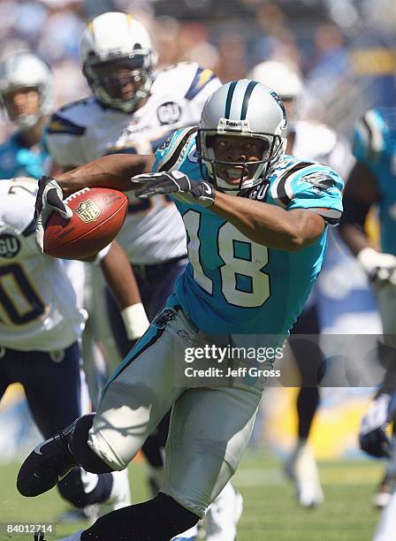 Hackett of the Carolina Panthers carries the ball during the game against the San Diego Chargers at Qualcomm Stadium on September 7, 2008 in San...