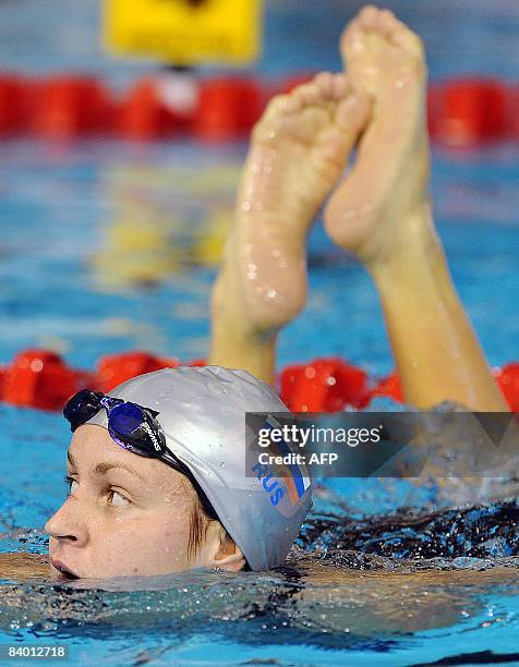 Alena Alekseeva of Russia reacts after winning the women's 200m breaststroke final race during the European Short Course Swimming Championships in...
