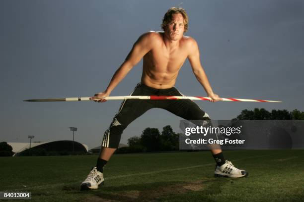 Track & Field: Portrait of Breaux Greer with javelin, Athens, GA 6/7/2005