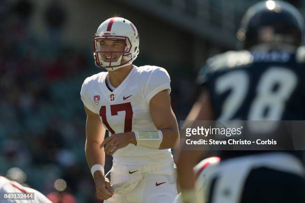 Ryan Burns of Stanford makes a break and scores a touchdown during the College Football Sydney Cup match between Stanford University and Rice...