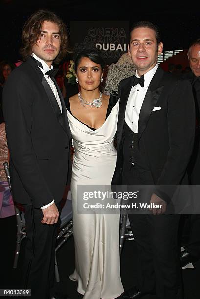 Producer Victor Kubicek, actress Salma Hayek and producer Derek Anderson during The 2nd Annual amfAR Cinema Against AIDS Dubai Gala held at the...