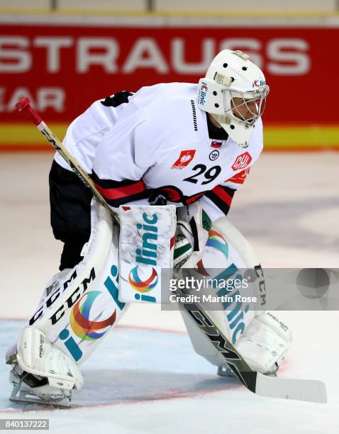 Jan Lukas, goaltender of Bystrica tends net against Banska Bystrica during the Champions Hockey League match between Grizzlys Wolfsburg and HC05...