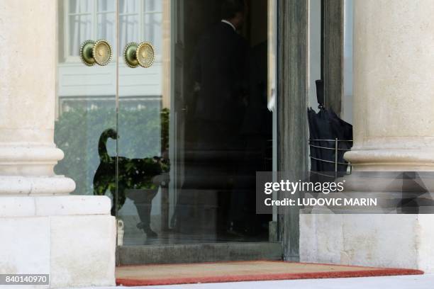 Dog named Nemo, adopted few days before by the French presidential couple from the SPA animal protection society, follows French president Emmanuel...