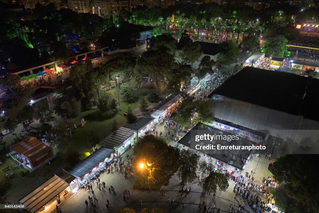 Bird's eye view of Izmir International fair at night.