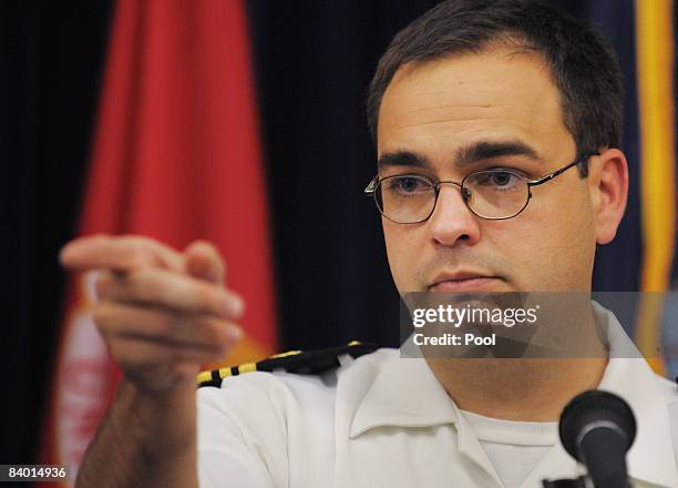 Navy Lt. Commander William Kuebler, lead defense counsel for Canadian-born accused terrorist Omar Khadr, speaks at a news conference at the Camp...