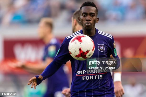 Henry Onyekuru of RSC Anderlecht during the Jupiler Pro League match between KAA Gent and RSC Andelecht at the Ghalemco Arena on August 27, 2017 in...