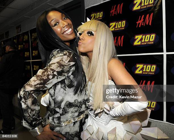 Brandy and Lady GaGa pose backstage during Z100's Jingle Ball 2008 Presented by H&M at Madison Square Garden on December 12, 2008 in New York City....