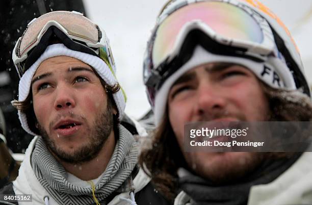 Mason Aguirre of the USA and Danny Davis of the USA watch fellow competitors during qualifying for the US Snowboard Grand Prix in the Main Vein...