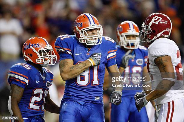 Aaron Hernandez of the Florida Gators reacts against the Alabama Crimson Tide during the SEC Championship on December 6, 2008 at the Georgia Dome in...