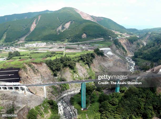 The opening ceremony of the Choyo-ohashi bridge route is held on August 27, 2017 in Minamiaso, Kumamoto, Japan. Quake-damaged bridges were repaired...