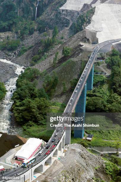 The opening ceremony of the Choyo-ohashi bridge route is held on August 27, 2017 in Minamiaso, Kumamoto, Japan. Quake-damaged bridges were repaired...