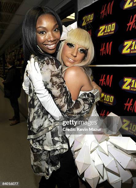 Brandy and Lady GaGa pose backstage during Z100's Jingle Ball 2008 Presented by H&M at Madison Square Garden on December 12, 2008 in New York City....