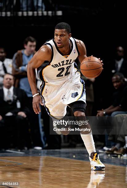 Rudy Gay of the Memphis Grizzlies drives down the court in a game against the Chicago Bulls on December 12, 2008 at the FedExForum in Memphis,...