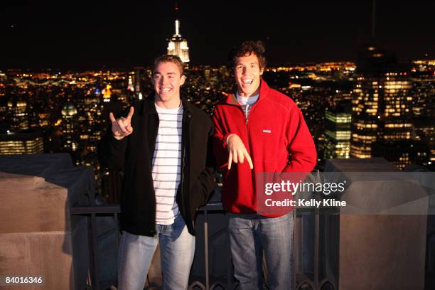 Colt McCoy of the University of Texas and Sam Bradford of the University of Oklahoma visit the Top of the Rock on December 12, 2008 in New York City.