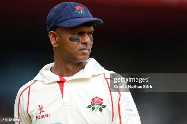 Shivnarine Chanderpaul of Lancashire looks on during the County Championship Division One match between Lancashire and Warwickshire at Old Trafford...