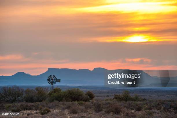 windmolen bij karoo zonsondergang - the karoo stockfoto's en -beelden