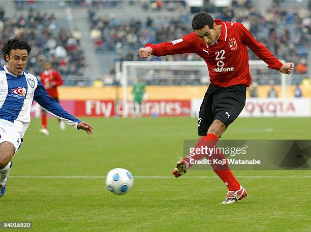 Mohamed Abou Tarik of Al Ahly takes a shot during the FIFA Club World Cup match beteween Al Ahly and Pachuca at the National Stadium on December 13,...