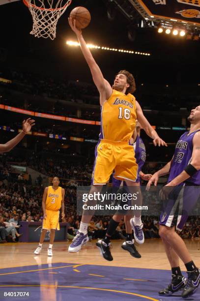 Pau Gasol of the Los Angeles Lakers puts up a shot against the Sacramento Kings at Staples Center on December 12, 2008 in Los Angeles, California....