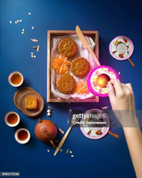 flat lay mid autumn festival food and drink table top shot. - cup of tea from above stock pictures, royalty-free photos & images