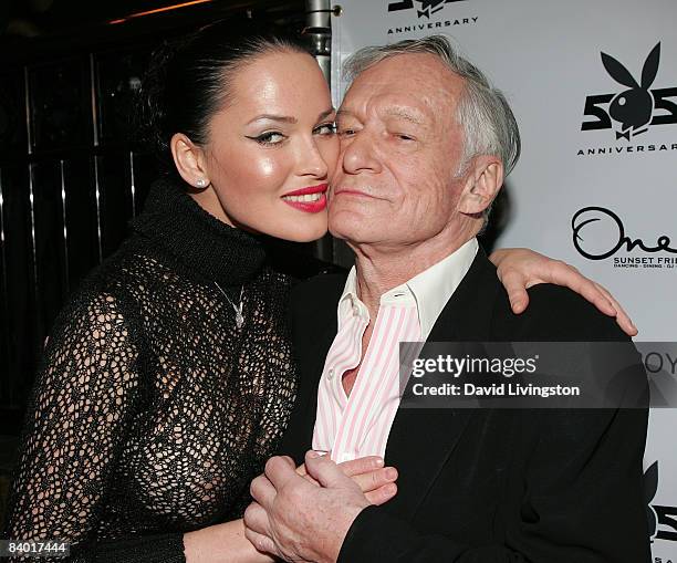 Playboy's Playmate of the Month for January 2009 Dasha Astafieva and Hugh Hefner attend the magazine's 55th anniversary playmate celebration at ONE...