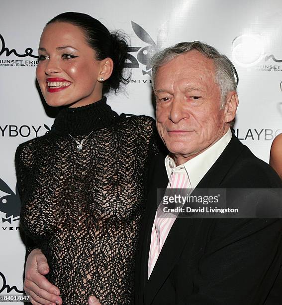 Playboy's Playmate of the Month for January 2009 Dasha Astafieva and Hugh Hefner attend the magazine's 55th anniversary playmate celebration at ONE...