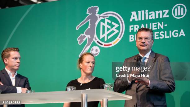 President Reinhard Grindel speaks during Allianz Frauen Bundesliga Season Opening at Deutsches Fussballmuseum on August 28, 2017 in Dortmund, Germany.