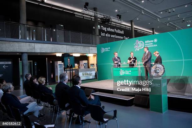 Player Melanie Behringer speaks during Allianz Frauen Bundesliga Season Opening at Deutsches Fussballmuseum on August 28, 2017 in Dortmund, Germany.