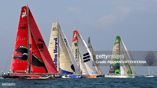 Race yachts are seen at the start of the Volvo Ocean Race third leg to Singapore in Cochin on December 13, 2008. The eight competitors in the Volvo...