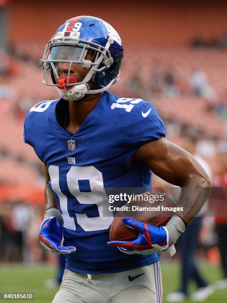 Wide receiver Travis Rudolph of the New York Giants carries the ball prior to a preseason game on April 27, 2017 against the Cleveland Browns at...