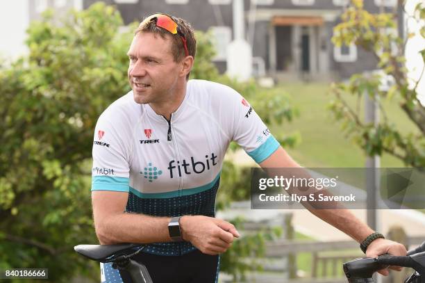 Fitbit Ambassador Jens Voigt leads a bike ride during Fitbit Day 2 on August 22, 2017 in Montauk, New York. Fitbit introduced new products including...