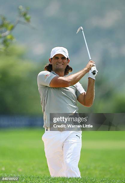 Johan Edfors of Sweden plays out of the 15th fairway bunker during the third round of the Alfred Dunhill Championship at Leopard Creek Country Club...