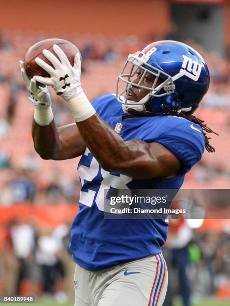 Running back Paul Perkins of the New York Giants catches a pass prior to a preseason game on April 27, 2017 against the Cleveland Browns at...