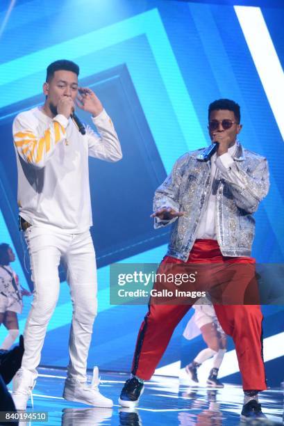 Rappers AKA and Anatii during the DStv Mzansi Viewers Choice Awards event at the Sandton Convention Centre on August 26, 2017 in Sandton, South...