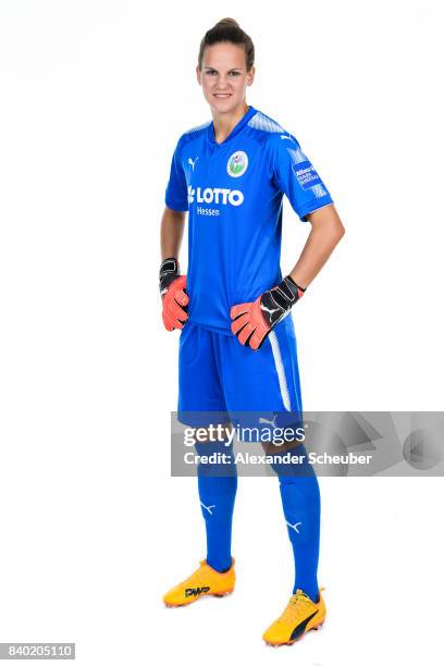 Desiree Schumann of 1. FFC Frankfurt poses during the Allianz Frauen Bundesliga Club Tour at Stadion am Brentanobad on August 25, 2017 in Frankfurt...