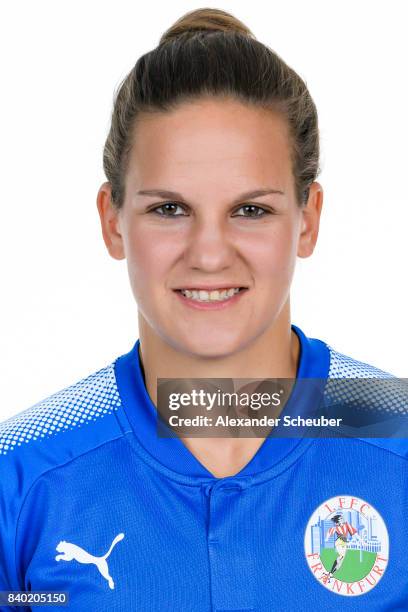 Desiree Schumann of 1. FFC Frankfurt poses during the Allianz Frauen Bundesliga Club Tour at Stadion am Brentanobad on August 25, 2017 in Frankfurt...