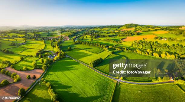 aerial panorama over idyllic green summer farm fields crops pasture - field aerial imagens e fotografias de stock