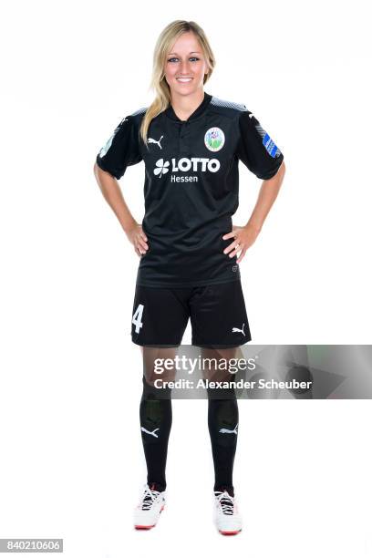 Kathrin Hendrich of 1. FFC Frankfurt poses during the Allianz Frauen Bundesliga Club Tour at Stadion am Brentanobad on August 25, 2017 in Frankfurt...