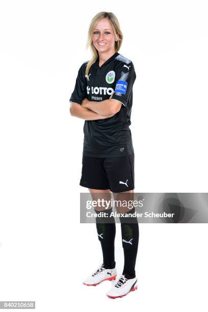 Kathrin Hendrich of 1. FFC Frankfurt poses during the Allianz Frauen Bundesliga Club Tour at Stadion am Brentanobad on August 25, 2017 in Frankfurt...