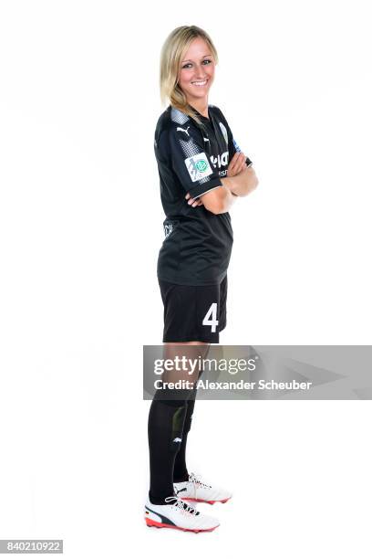 Kathrin Hendrich of 1. FFC Frankfurt poses during the Allianz Frauen Bundesliga Club Tour at Stadion am Brentanobad on August 25, 2017 in Frankfurt...