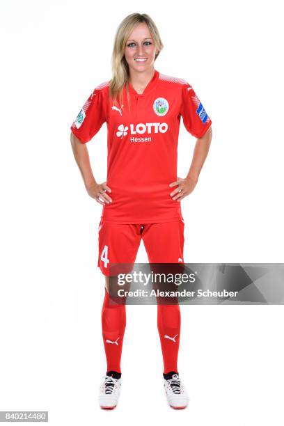 Kathrin Hendrich of 1. FFC Frankfurt poses during the Allianz Frauen Bundesliga Club Tour at Stadion am Brentanobad on August 25, 2017 in Frankfurt...