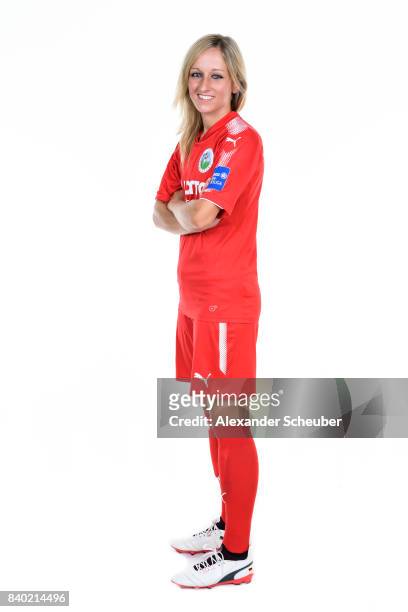 Kathrin Hendrich of 1. FFC Frankfurt poses during the Allianz Frauen Bundesliga Club Tour at Stadion am Brentanobad on August 25, 2017 in Frankfurt...