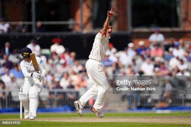 Ryan McLaren of Lancashire appeals during the County Championship Division One match between Lancashire and Warwickshire at Old Trafford on August...