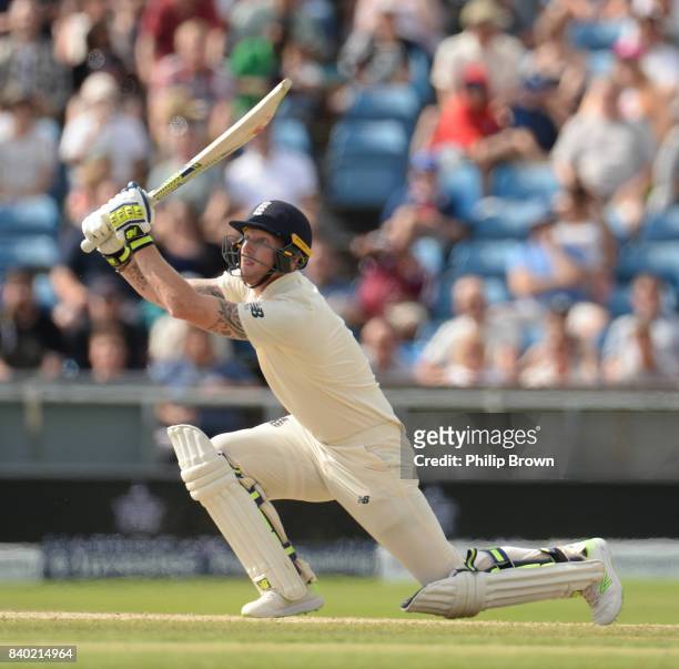 Ben Stokes of England hits the ball in the air and is caught during the fourth day of the 2nd Investec Test match between England and the West Indies...