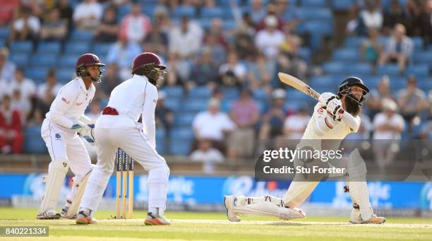 England batsman Moeen Ali hits out during day four of the 2nd Investec Test Match between England and West Indies at Headingley on August 28, 2017 in...