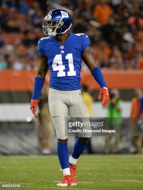 Cornerback Dominique Rodgers-Cromartie of the New York Giants walks to his position in the first quarter of a preseason game on April 27, 2017...