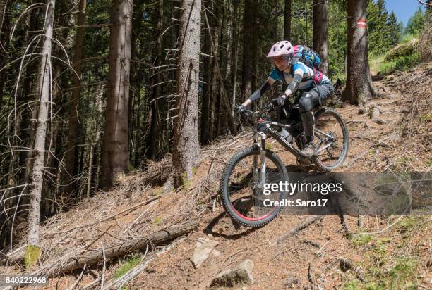 mountainbike downhill in carinthian forests, austria. - tapered roots stock pictures, royalty-free photos & images
